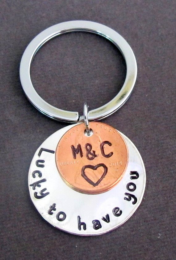 Lucky to Have You Handstamped Disc W/Penny Coin Keychain,Couples Key Chain,Anniversary Gift