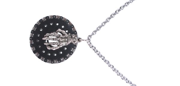Fashion Jewelry "MEN's" Mythical Sketelon Hand on Dark Disc Necklace