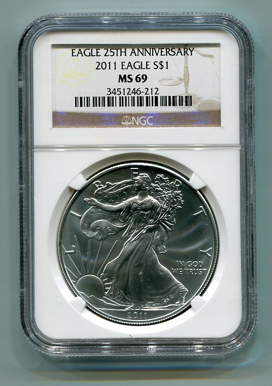 2011 AMERICAN SILVER EAGLE NGC MS69 BROWN / GOLD LABEL