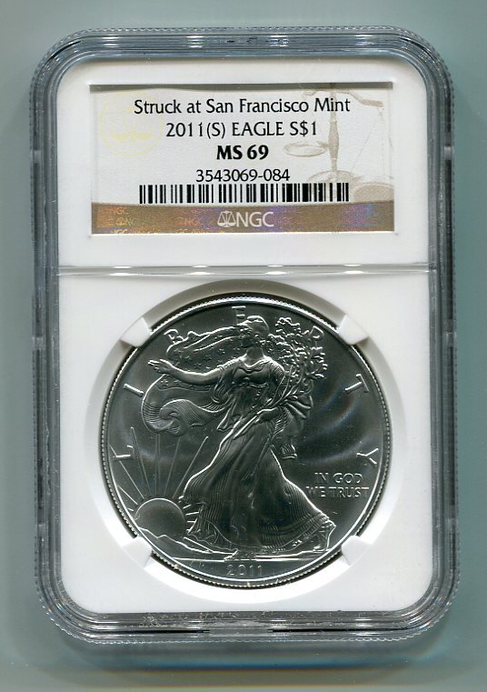 2011(S) AMERICAN SILVER EAGLE NGC MS69 SAN FRANCISCO MINT LABEL BROWN / GOLD LABEL