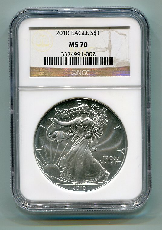 2010 AMERICAN SILVER EAGLE NGC MS70 BROWN/GOLD LABEL