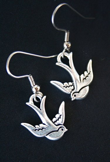 Silver Swooping Sparrows Tattoo Earrings