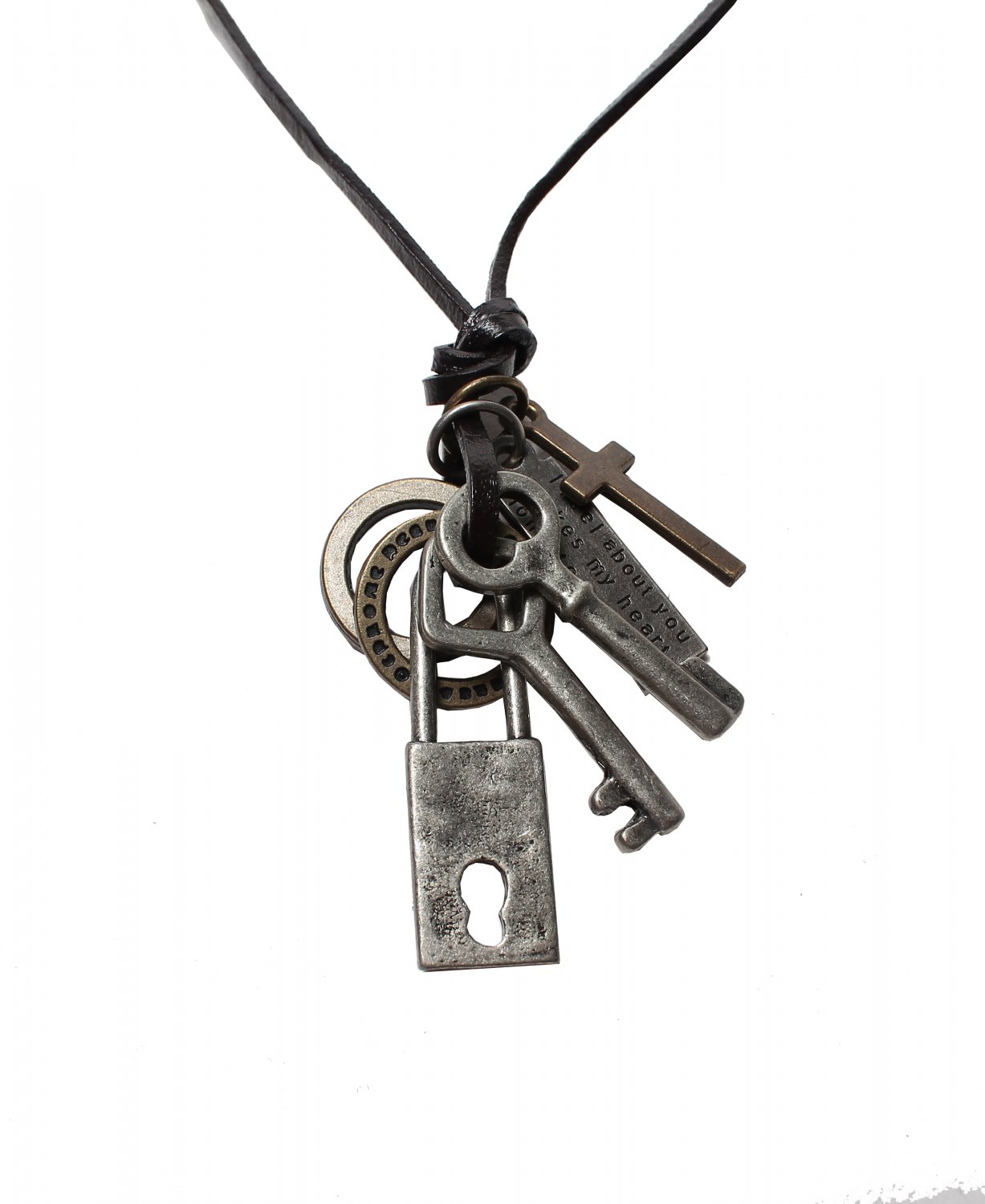 Key & Lock Pendant with Cross and Circle Rings Necklace (N619SN)