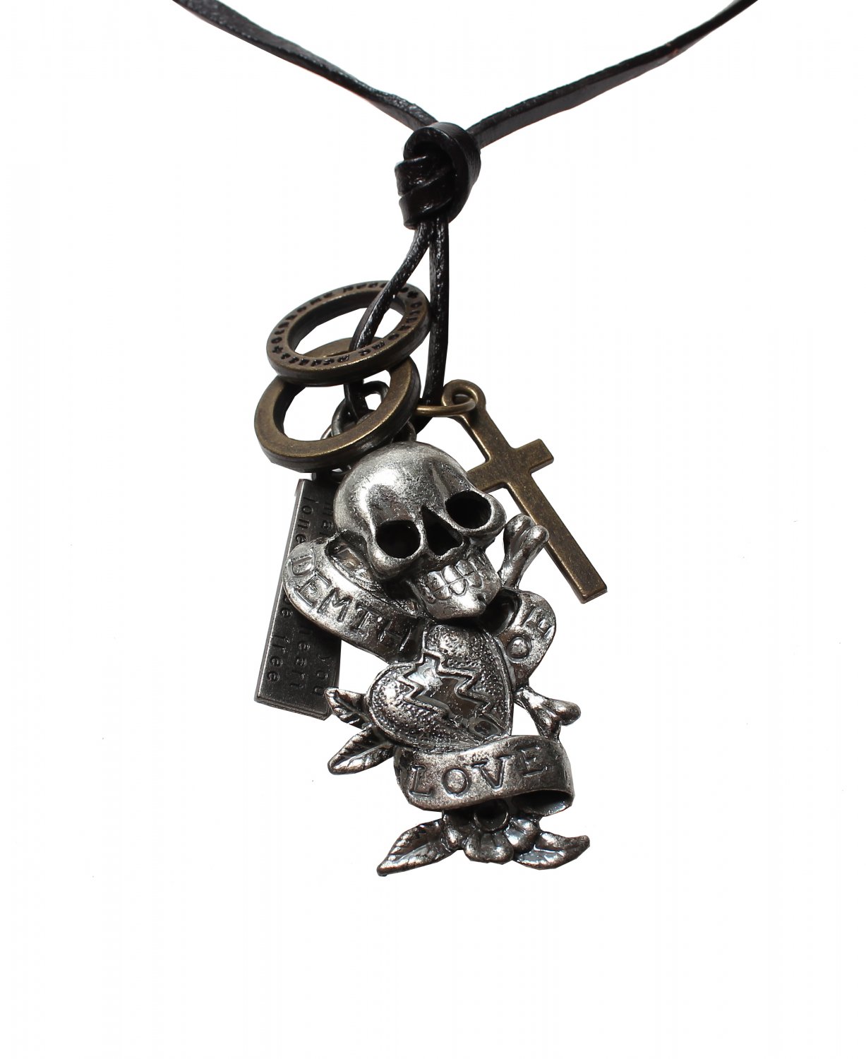 Skull Pendant with Cross and Circle Rings Necklace (N633S)