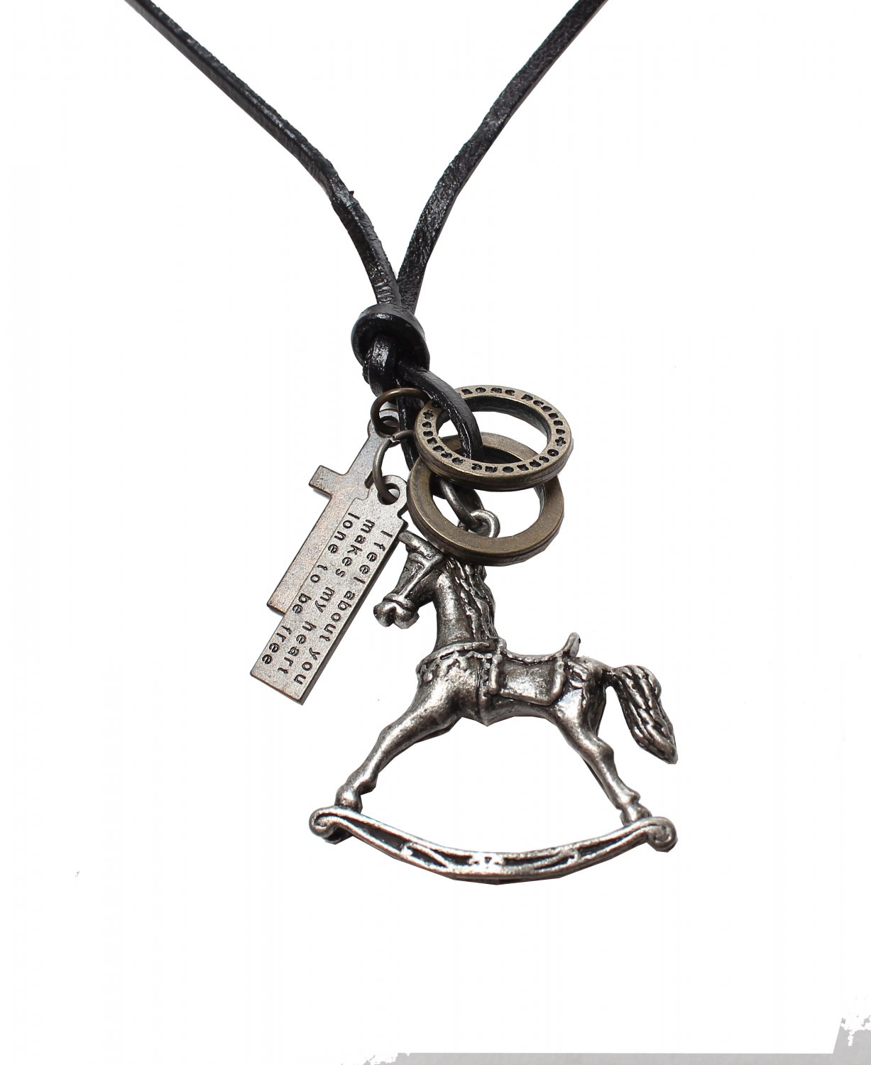 Wood Horse Pendant with Cross ad Circle Rings Necklace (N644S)