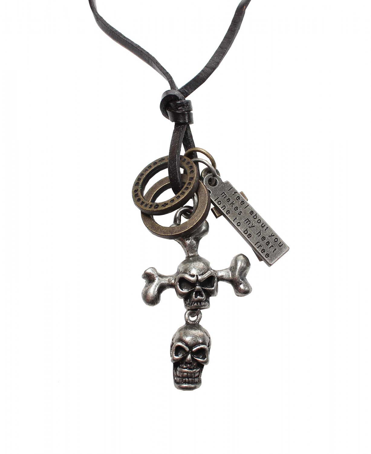 Double Skull Pendant with Cross ad Circle Rings Necklace (N654S)