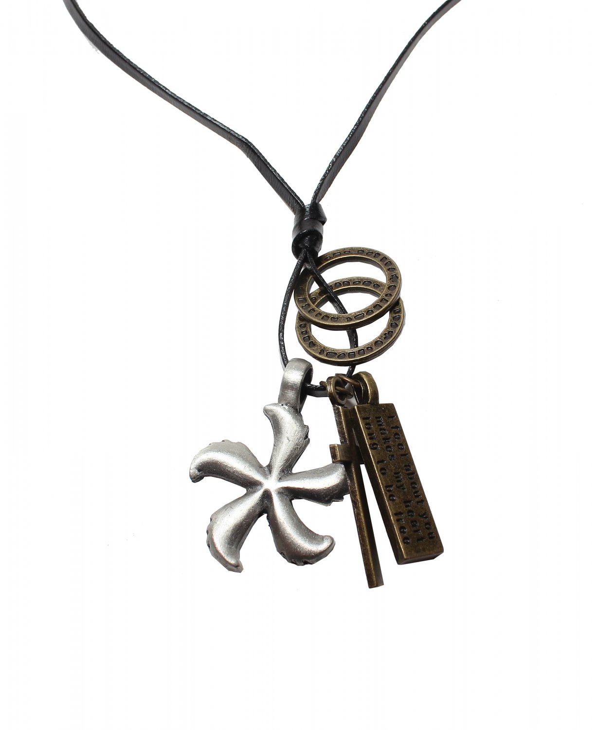 Flower Pendant with Cross ad Circle Rings Necklace (N658S)