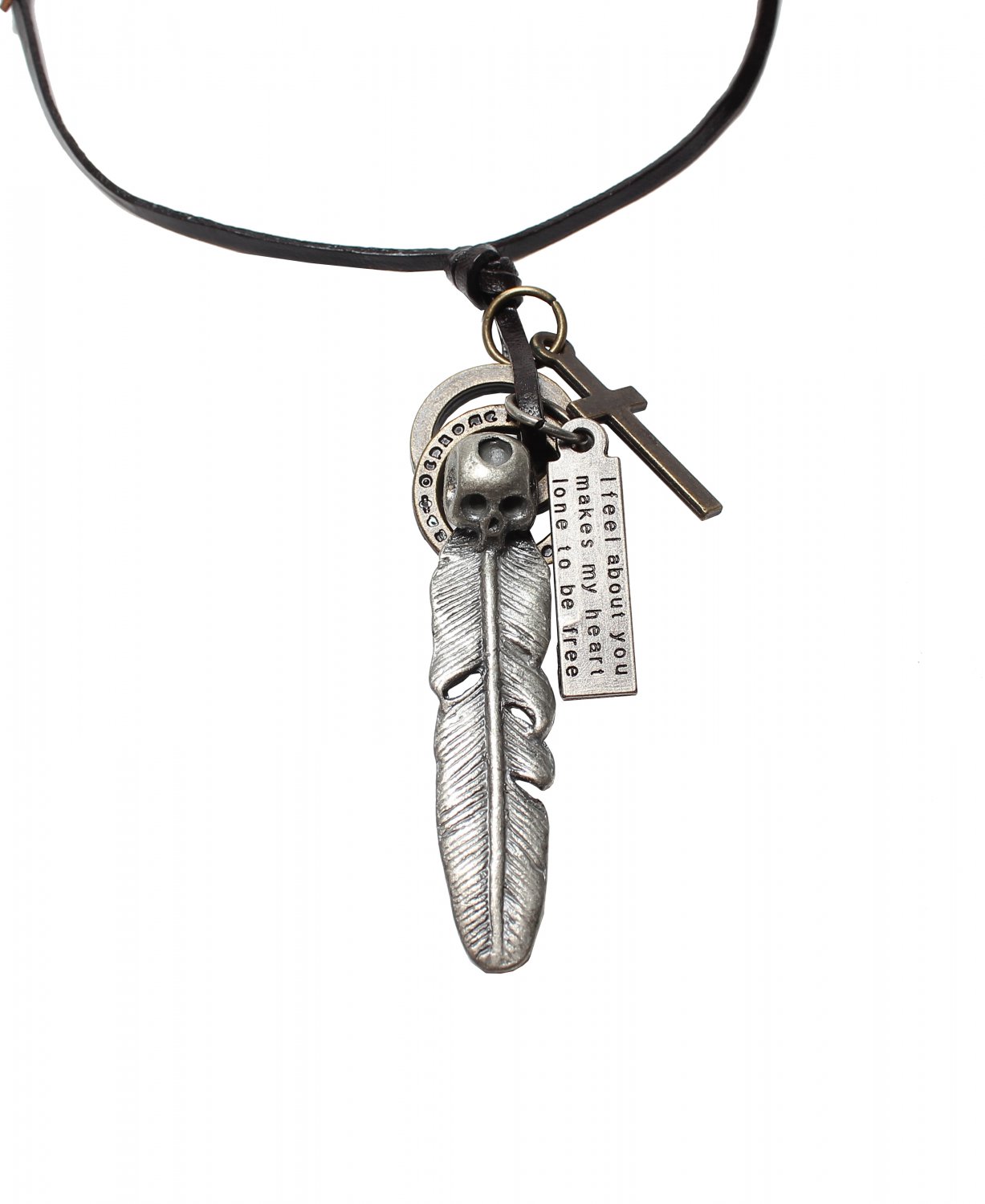 Skull Left Pendant with Cross and Circle Rings Necklace (N660S)