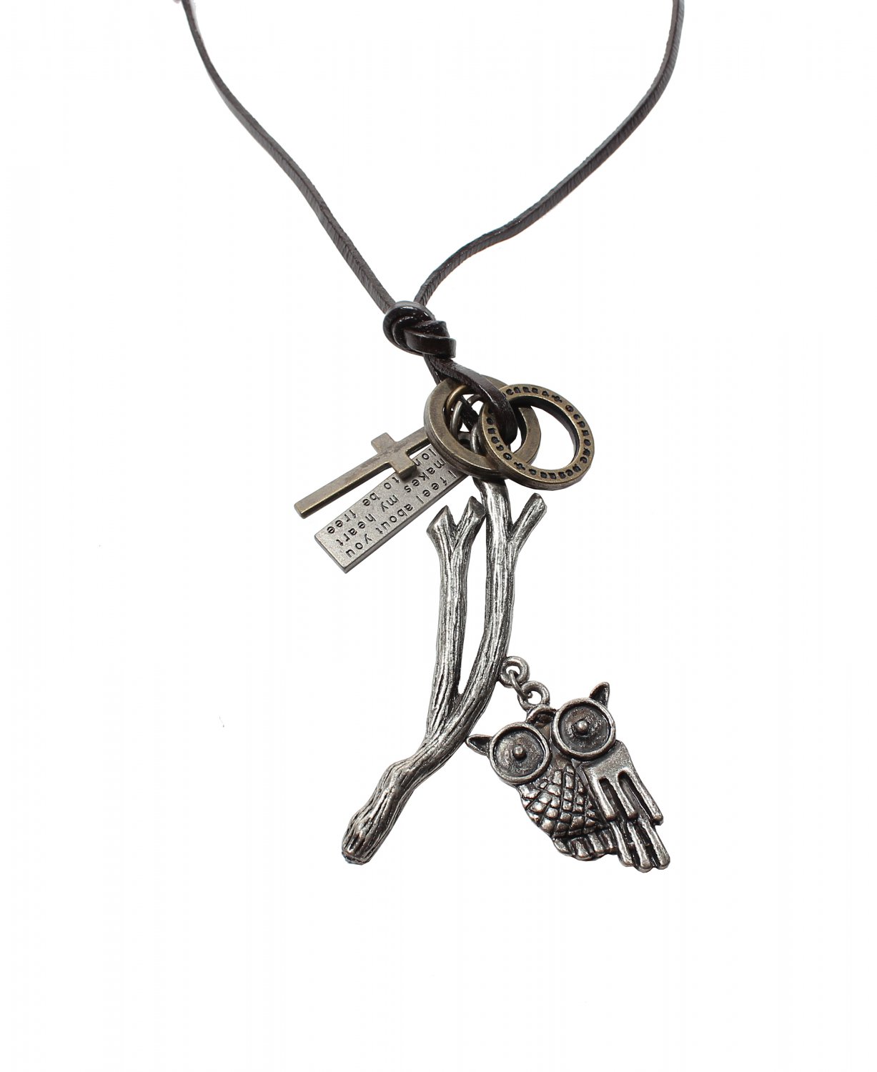 Owl Pendant with cross and Circle Rings Necklace (N665S)