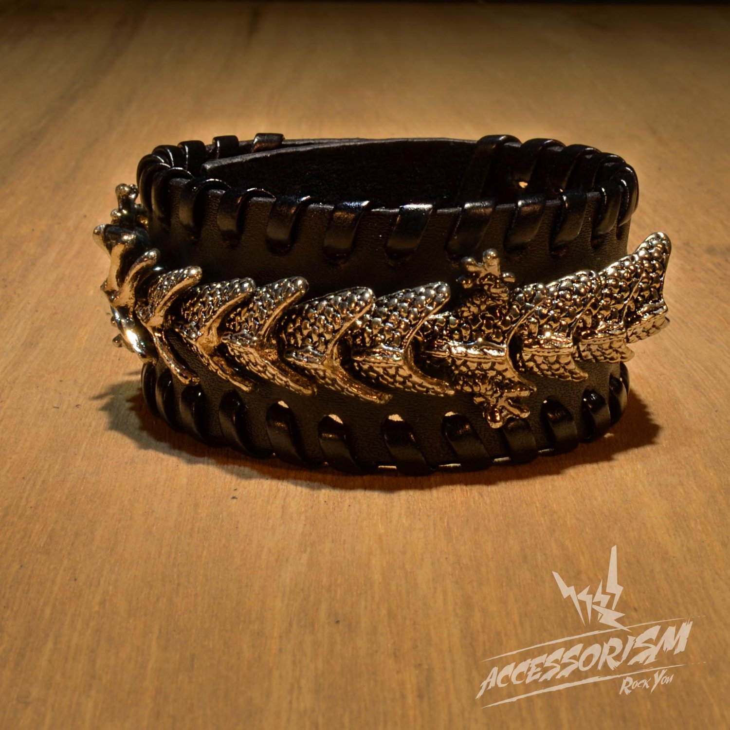 Black Leather Dragon Stud Cuff Bracelet Wrist (B639RB)
