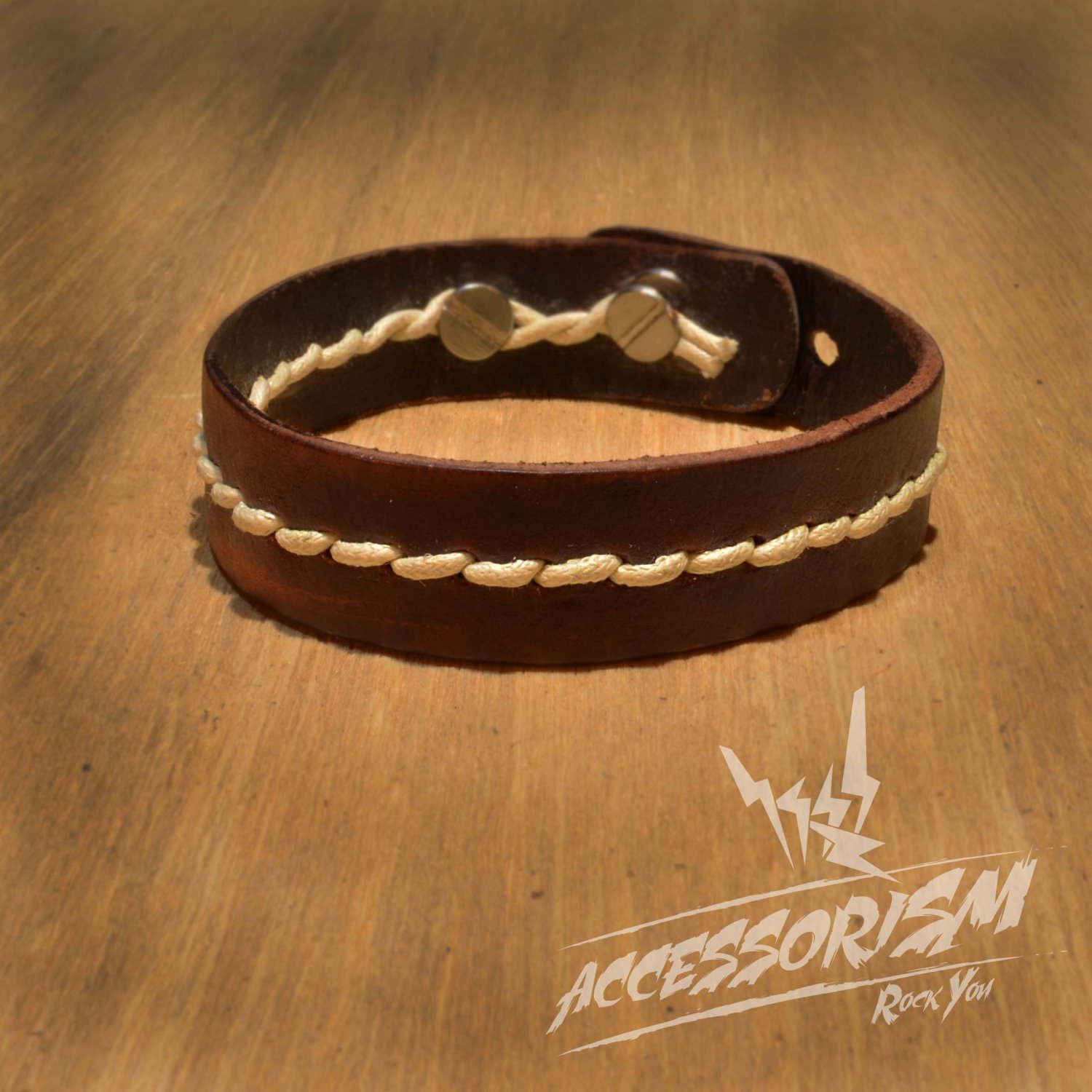 Brown Leather with White String Cuff Bracelet (B639S)