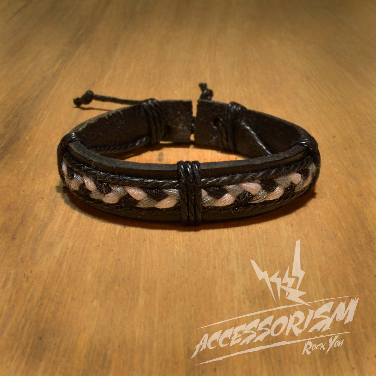 White Black Grey String stripe with Leather Bracelet (B632S)