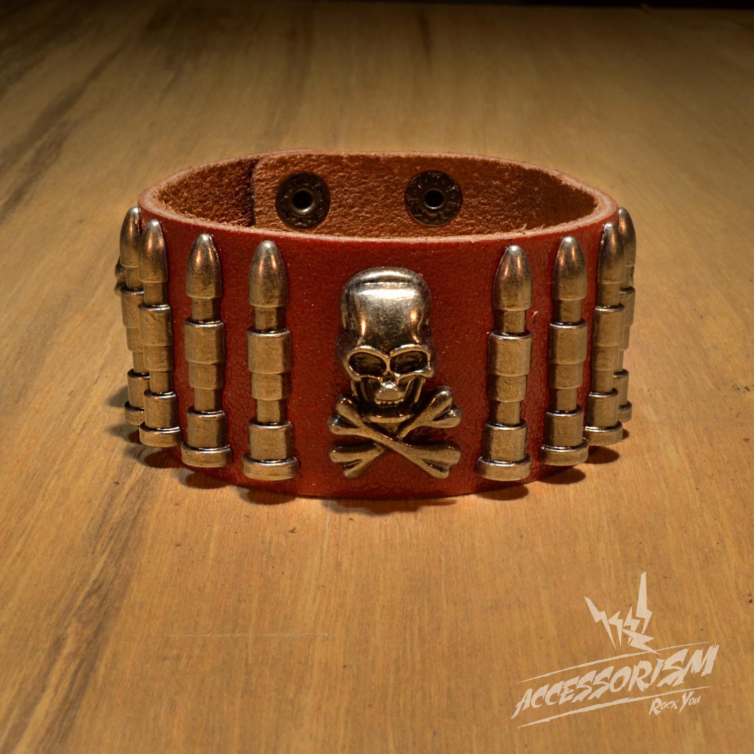 Free Shipping Skull & Bullet Rock Red Leather Wristband Bracelet (B645RR)