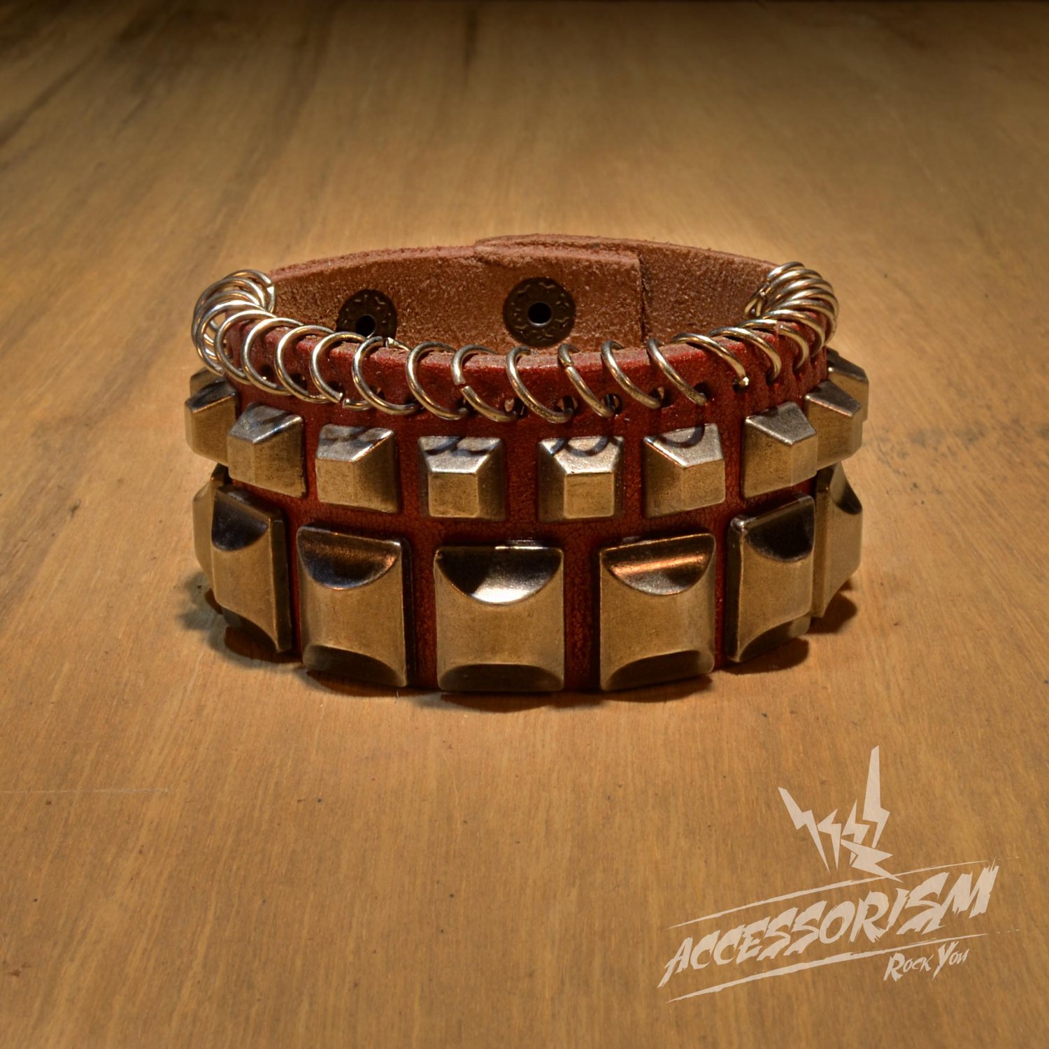 Free Shipping Multi Metal Square & Rings Red Leather Cuff Wristband Bracelet Rock Punk (B651RR)