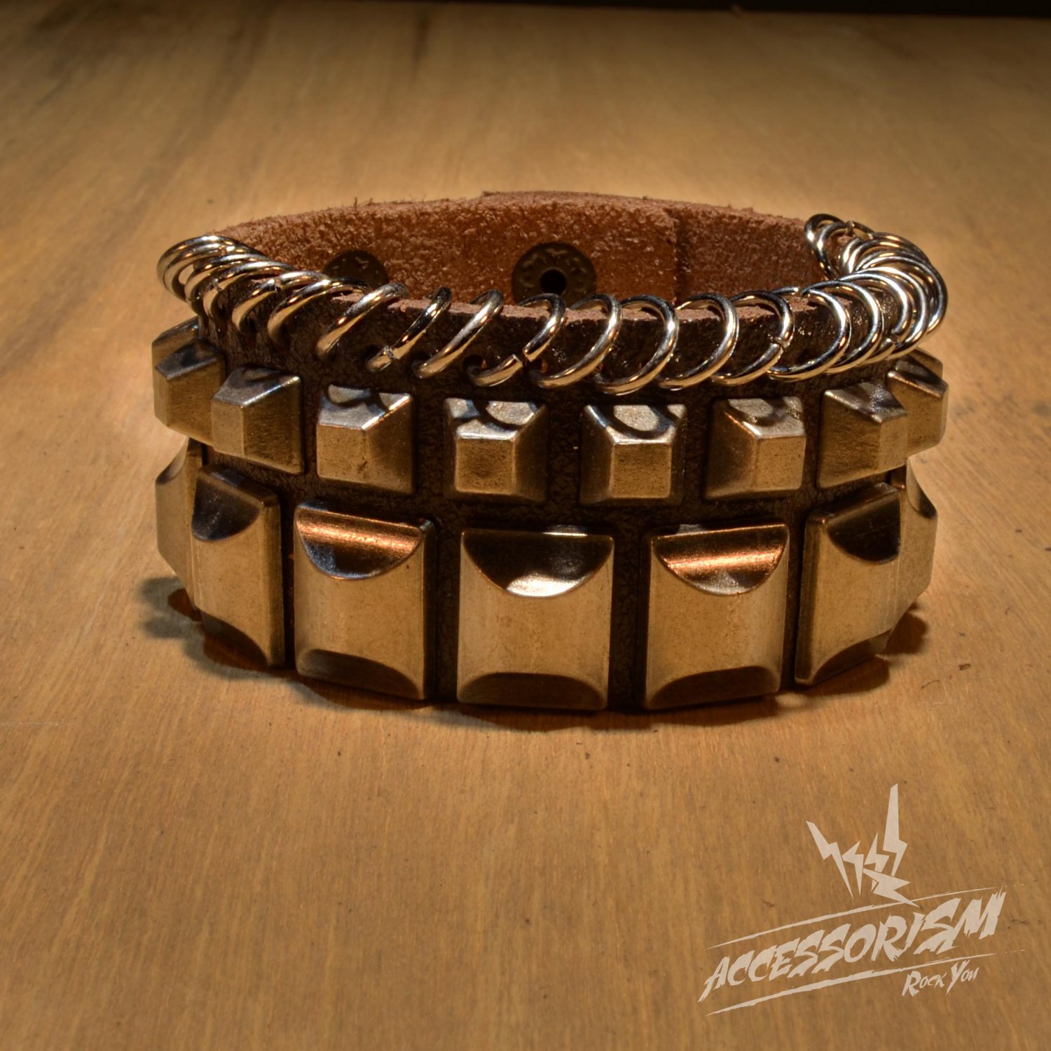 Free Shipping Multi Metal Square & Rings Brown Leather Cuff Wristband Bracelet Rock Punk (B651RN)