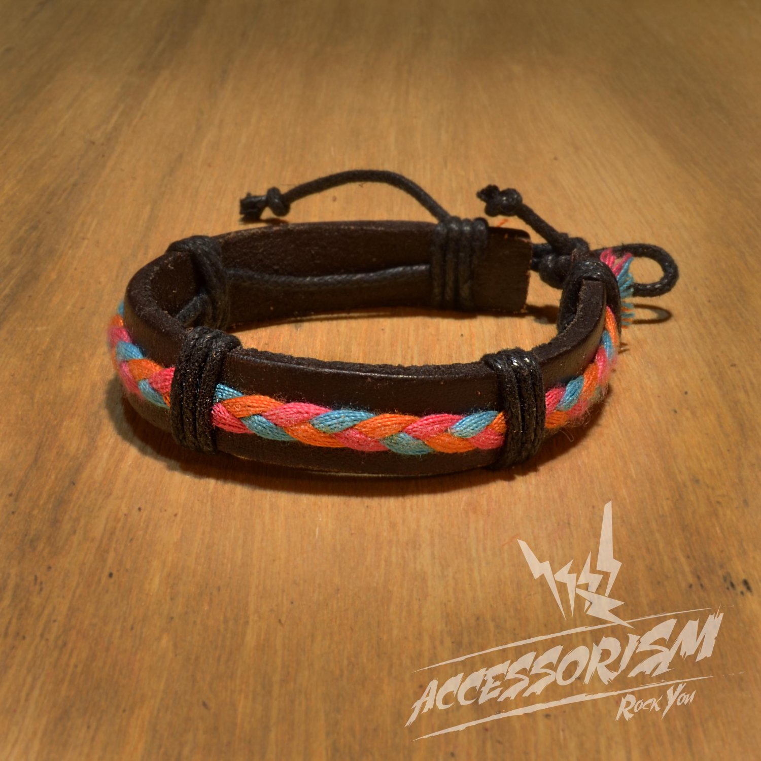 Free Shipping Dark Brown Leather with Light Blue Orange Pink String Bracelet (B665S)