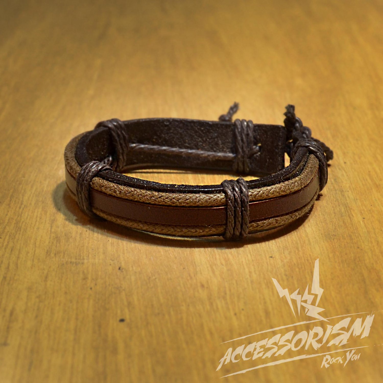 Free Shipping Thick Dark Brown leather with Light Brown Leather Stripe Beside Bracelet (B625S)