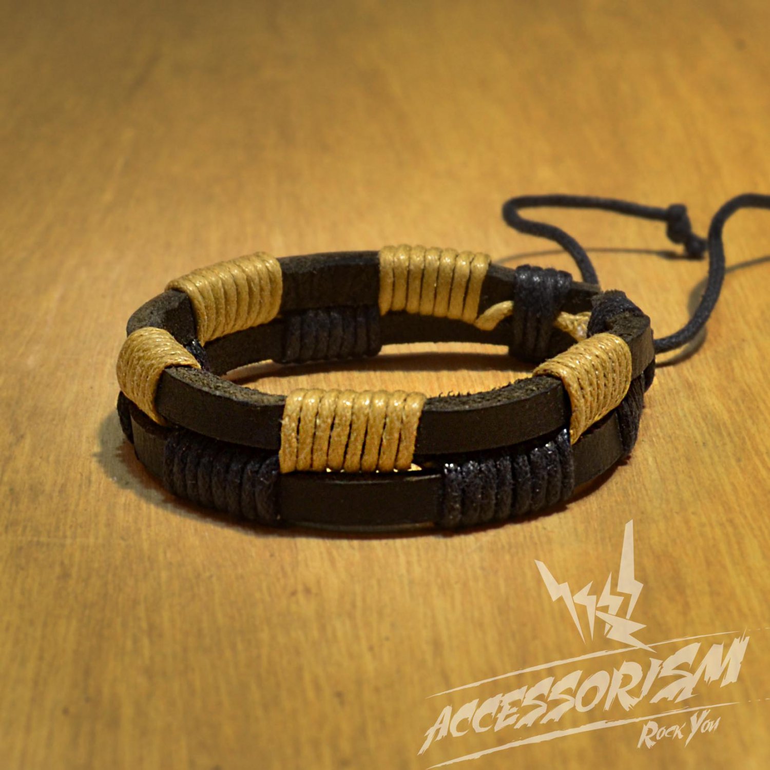 Free Shipping Black Leather with Black & Light Brown String Bracelet (B646S)