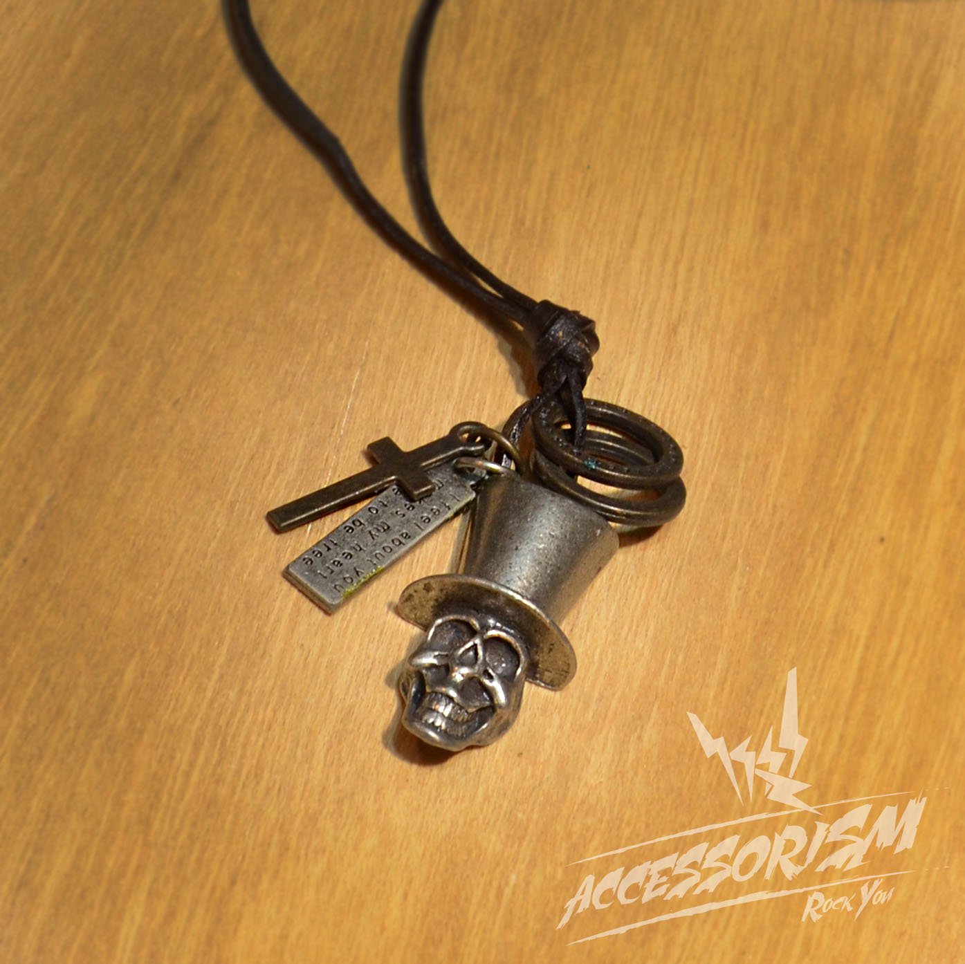 Free Shipping Skull Crown Pendant with Cross and Circle Rings Necklace (N623SN)