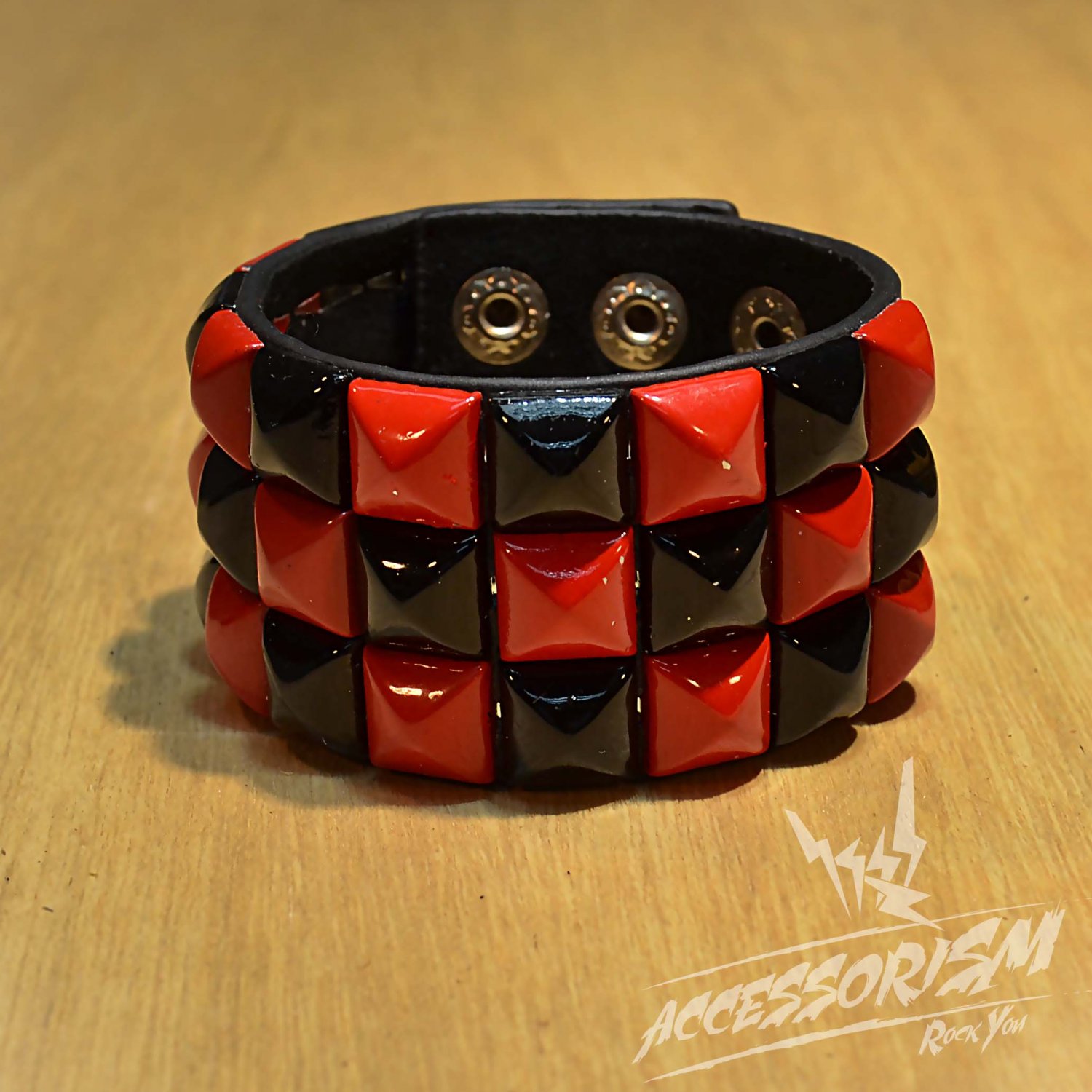 Free Shipping Red & Black Square Black Leather Punk Bracelet Wristband (B652R)