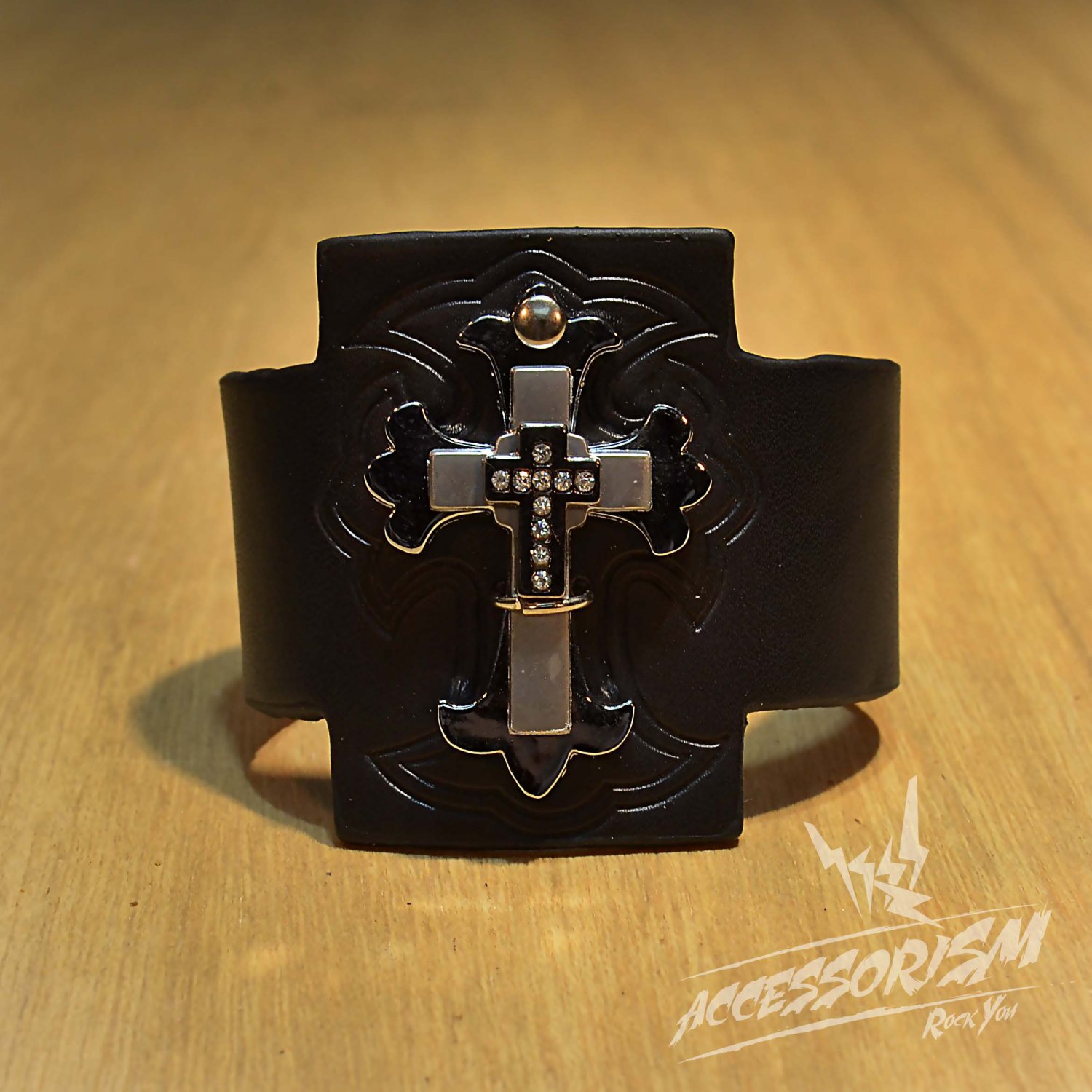 Free Shipping Steel Cross with Black Leather Cuff Wristband Bracelet Rock Punk (B666R)