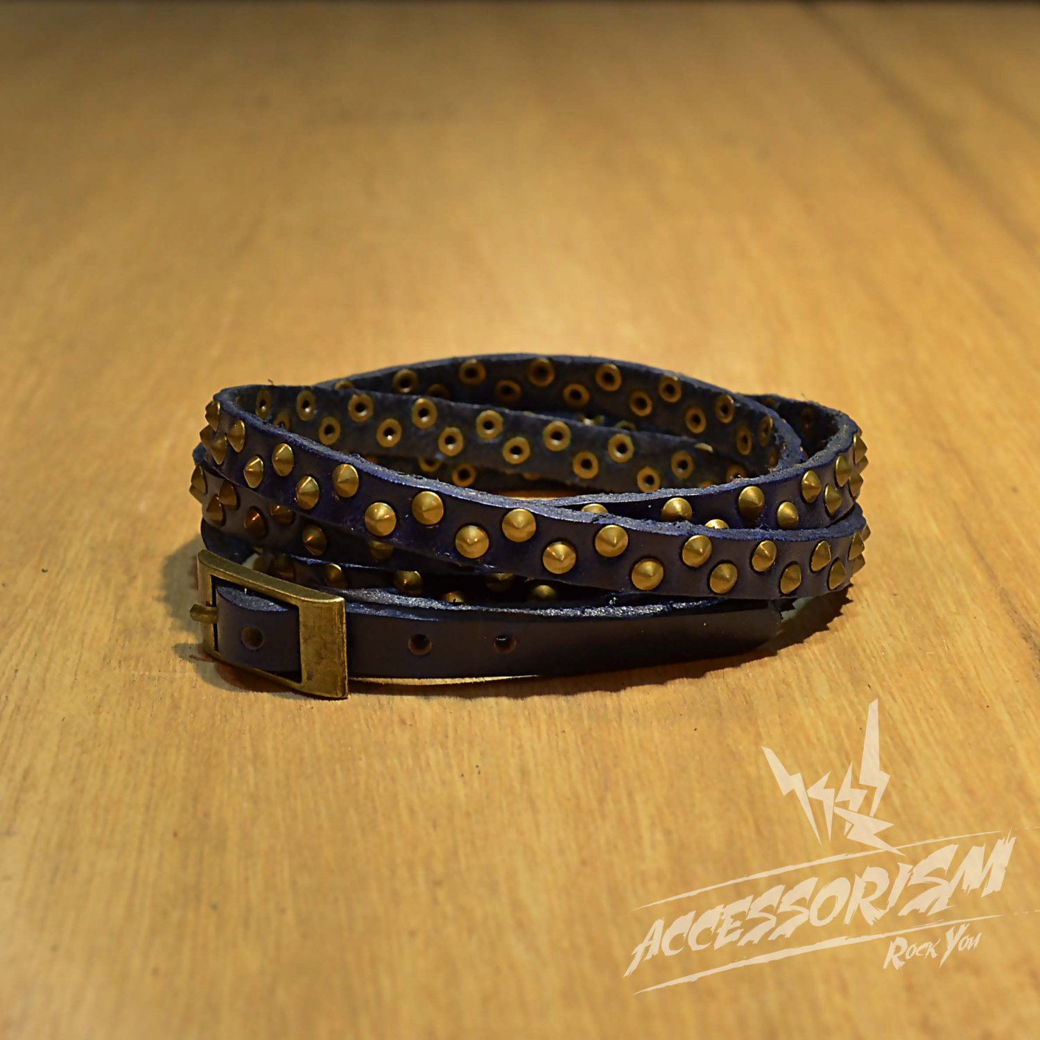 Free Shipping Multi Gold Steel Circle With Blue Leather Bracelet (B671RB)