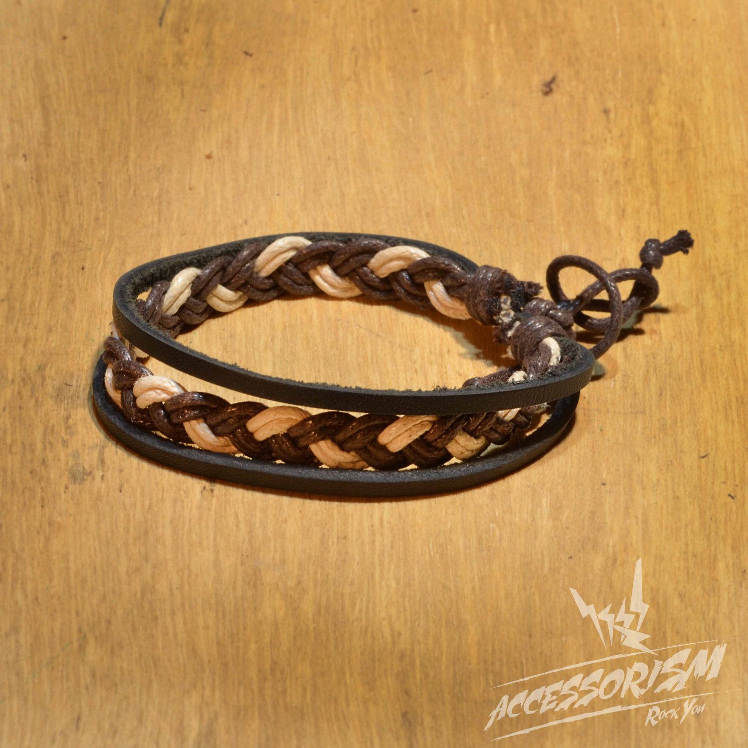 Free Shipping Brown & White String with Black Leather String Bracelet (B689S)