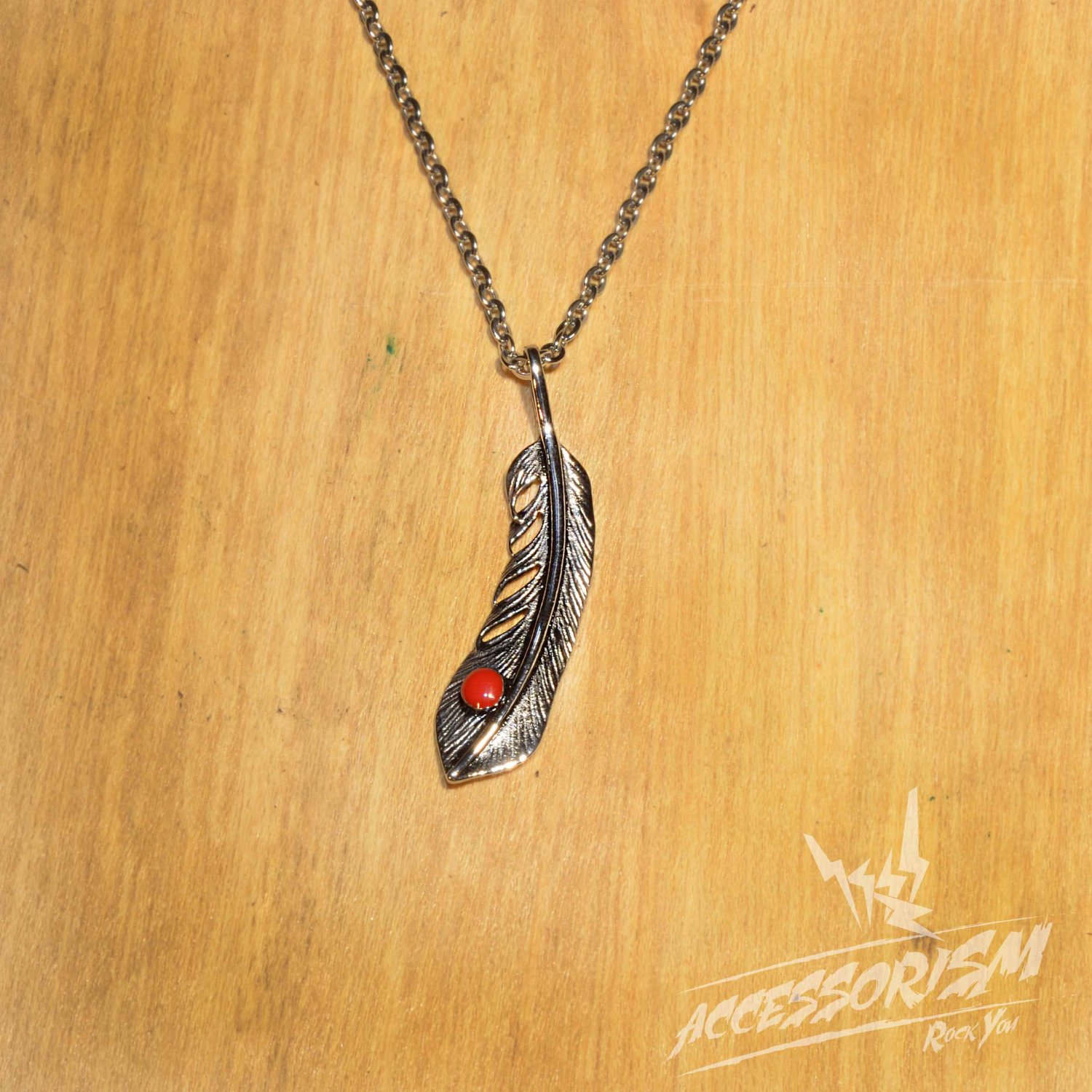 Free Shipping Steel Indiana Feather Pendant Necklace (N688S)