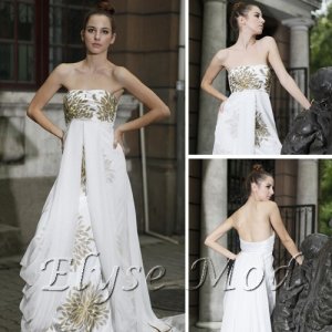 ELYSEMOD A-line Strapless Sweep Train Print Flower Silk Stain Quick Delivery Evening/ Gown Dresses