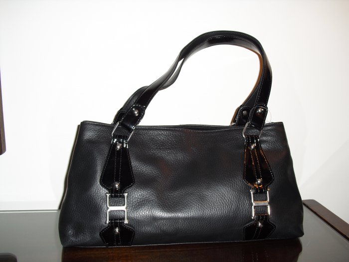 Black leather satchel handbag with patent leather