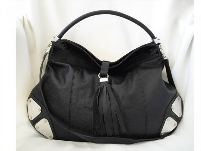 Black Hobo Leather Handbag, black patent detail