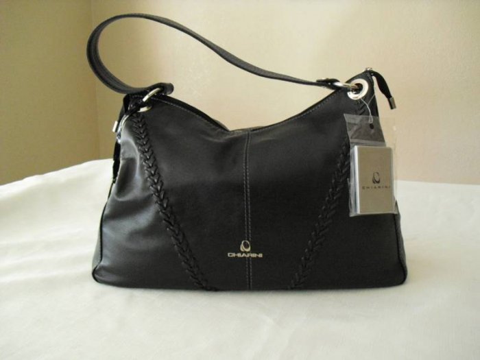 Chiarini- Black leather handbag with woven detail on front