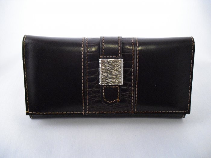 Dark Brown Leather Wallet with metallic brooch
