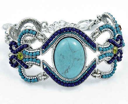 Turquoise & Crystal Bracelet Stone Beads Oval Silver Cuff Art Purple Green