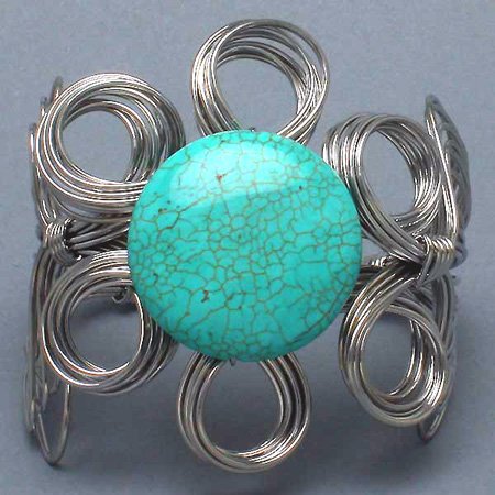 Natural Turquoise Wire Wrap Bracelet Chunky Stone Flower Art Silver Bangle Cuff