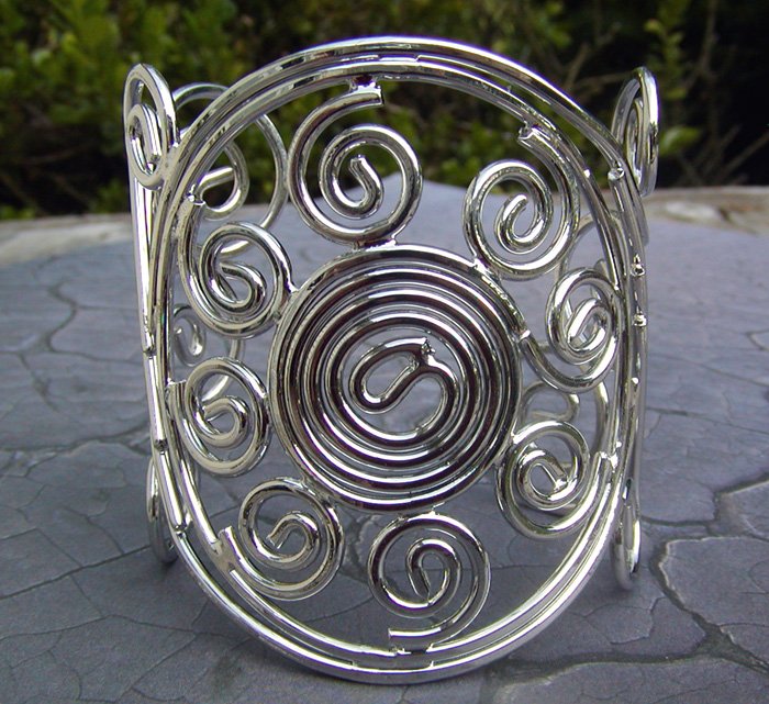 Wire Wrap Statement Bracelet Silver Bangle Cuff Wrist Band Art Artistic Swirl Circle Design