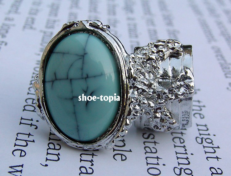 Arty Oval Turquoise Blue Ring Silver Knuckle Art Armor Statement Cage Deco Size 8