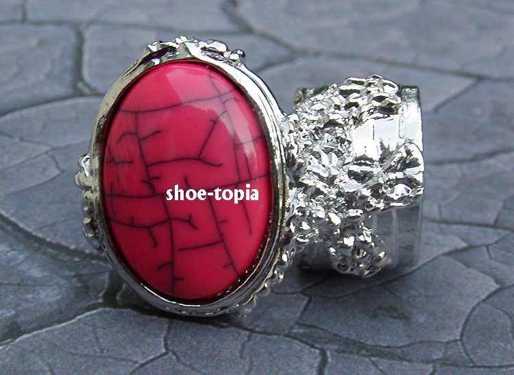 Arty Oval Pink Ring Armor Silver Knuckle Coral Two Finger Statement Cage Deco Style Avant Art Size 8