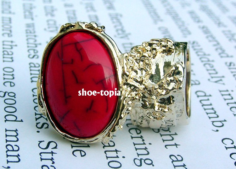 Arty Oval Red Gold Ring Knuckle Armor Cabochon Chunky Art Statement Cage Deco Style Size 8