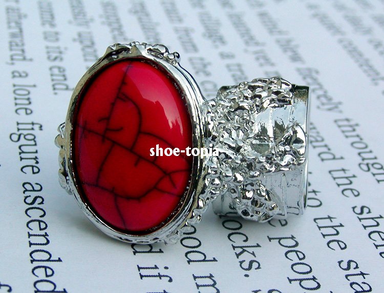 Arty Oval Red Ring Armor Silver Knuckle Chunky Art Cabochon Statement Cage Deco Style Size 6