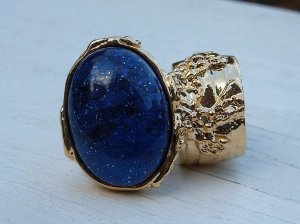 Arty Ring Blue Midnight Sky Gold Chunky Armor Oval Art Knuckle Statement Cage Deco Cocktail Size 11