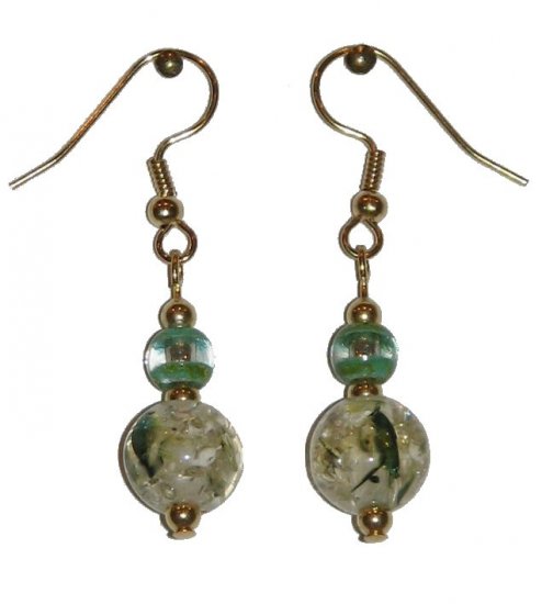 Patterned Clear/Green Speckled Glass with Green/Clear Glass Top Bead Gold Earrings
