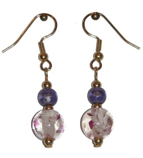 Patterned Clear/Pink Speckled Glass with Violet/Clear Glass Top Bead Gold Earrings