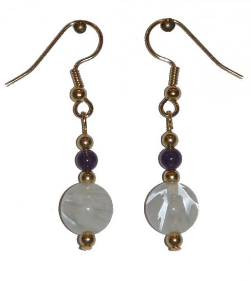 Patterned Clear/White Glass with Violet Glass Top Bead Gold Earrings
