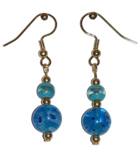 Patterned Blue/White Glass with Lt. Blue/Clear Glass Top Bead Gold Earrings