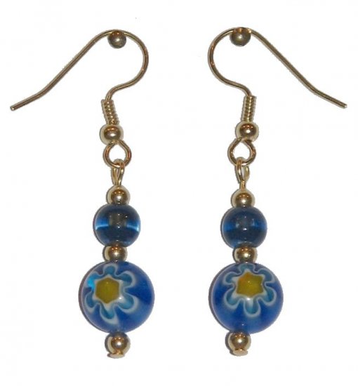Patterned Blue/Yellow/White Flower Glass with Blue/Clear Glass Top Bead Gold Earrings