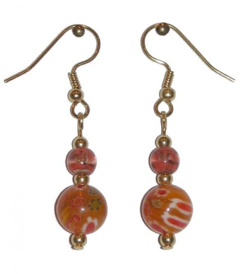 Patterned Orange Glass with Orange/Clear Glass Top Bead Gold Earrings