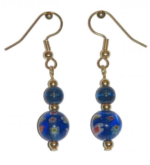 Patterned Blue Glass with Blue/Clear Glass Top Bead Gold Earrings