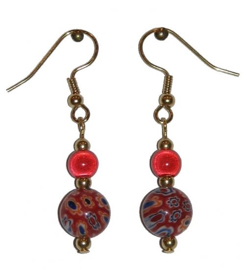 Patterned Red Glass with Red Miracle Top Bead Gold Earrings