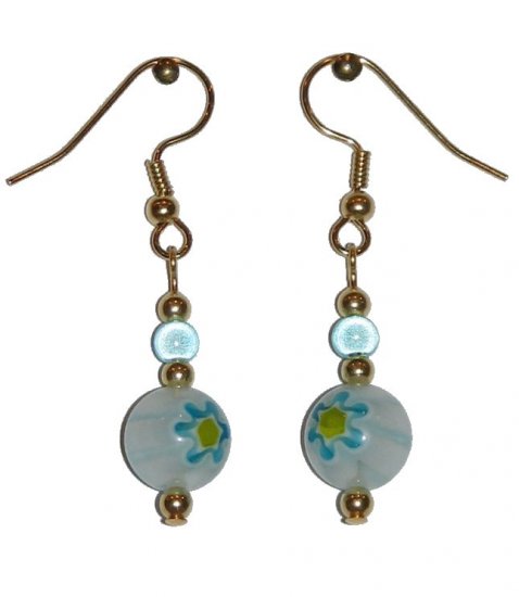 Patterned White w/Blue & Yellow Glass with Blue Miracle Top Bead Gold Earrings